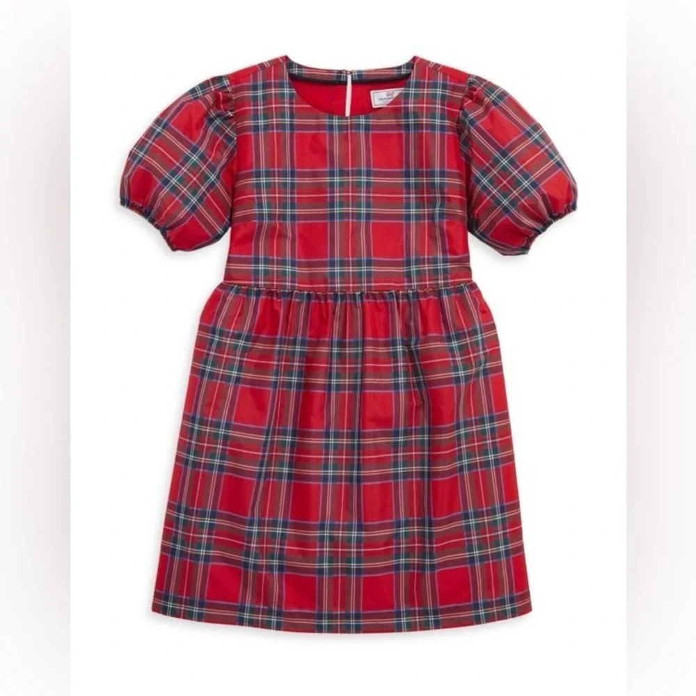 VINEYARDS VINES Girl's Plaid Taffeta Puff Sleeve Dress Size M